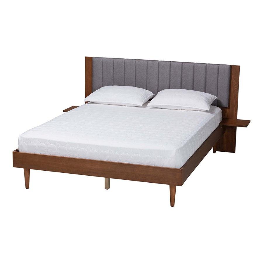 Baxton Studio Kalista Gray Fabric and Brown Wood Queen Size Bed with Tables