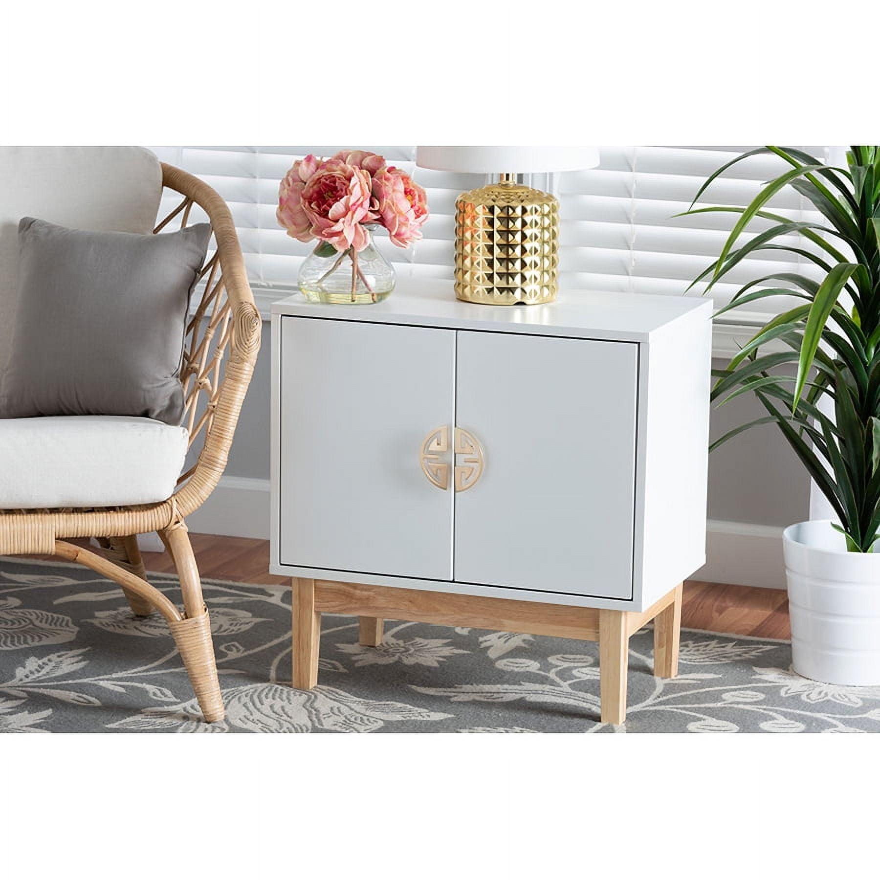 Kamana White and Oak Brown Wood with Gold Metal Lockable Storage Cabinet
