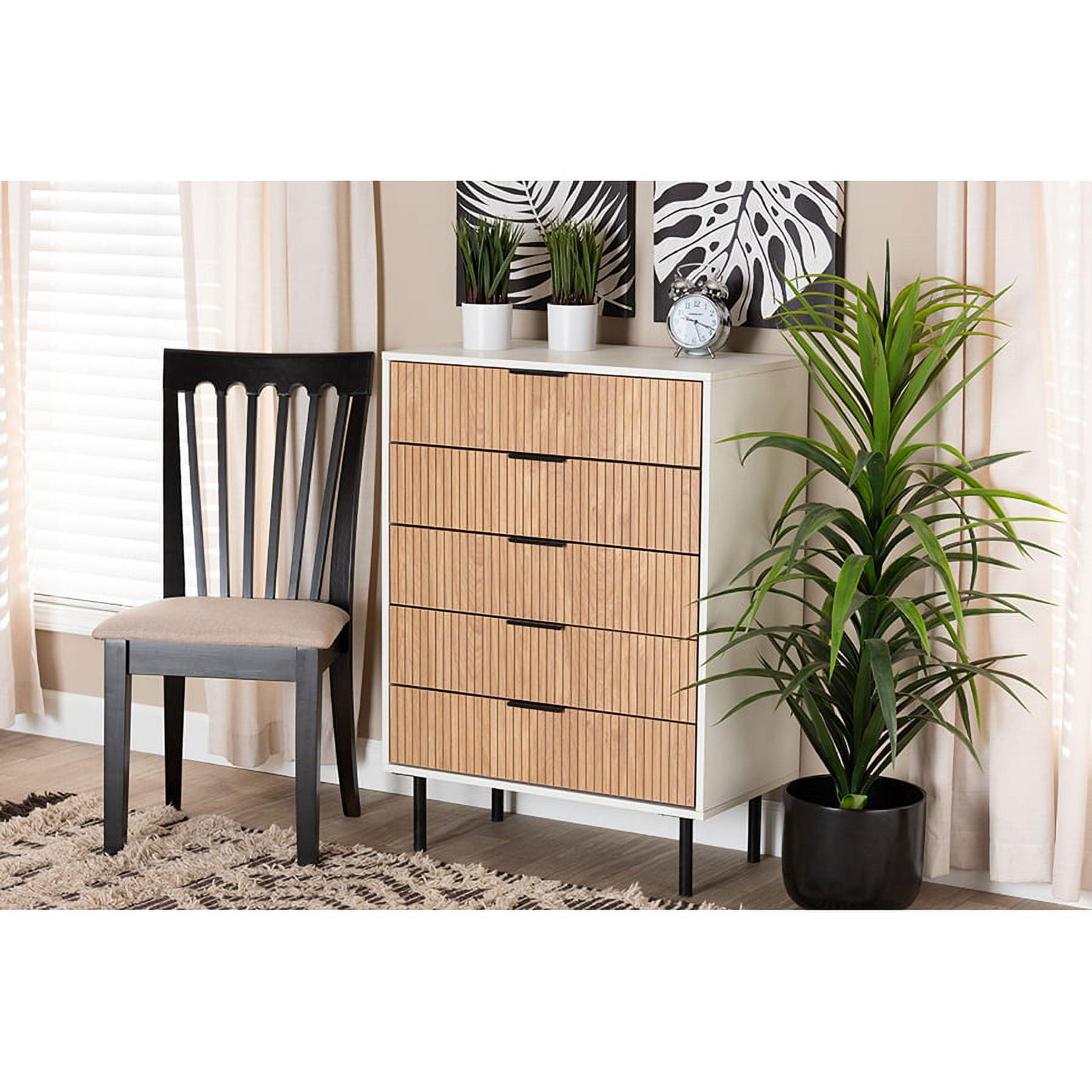 Baxton Studio Karima Mid-Century Modern Two-Tone White and Natural Brown Finished Wood and Black Metal 5-Drawer Storage Cabinet