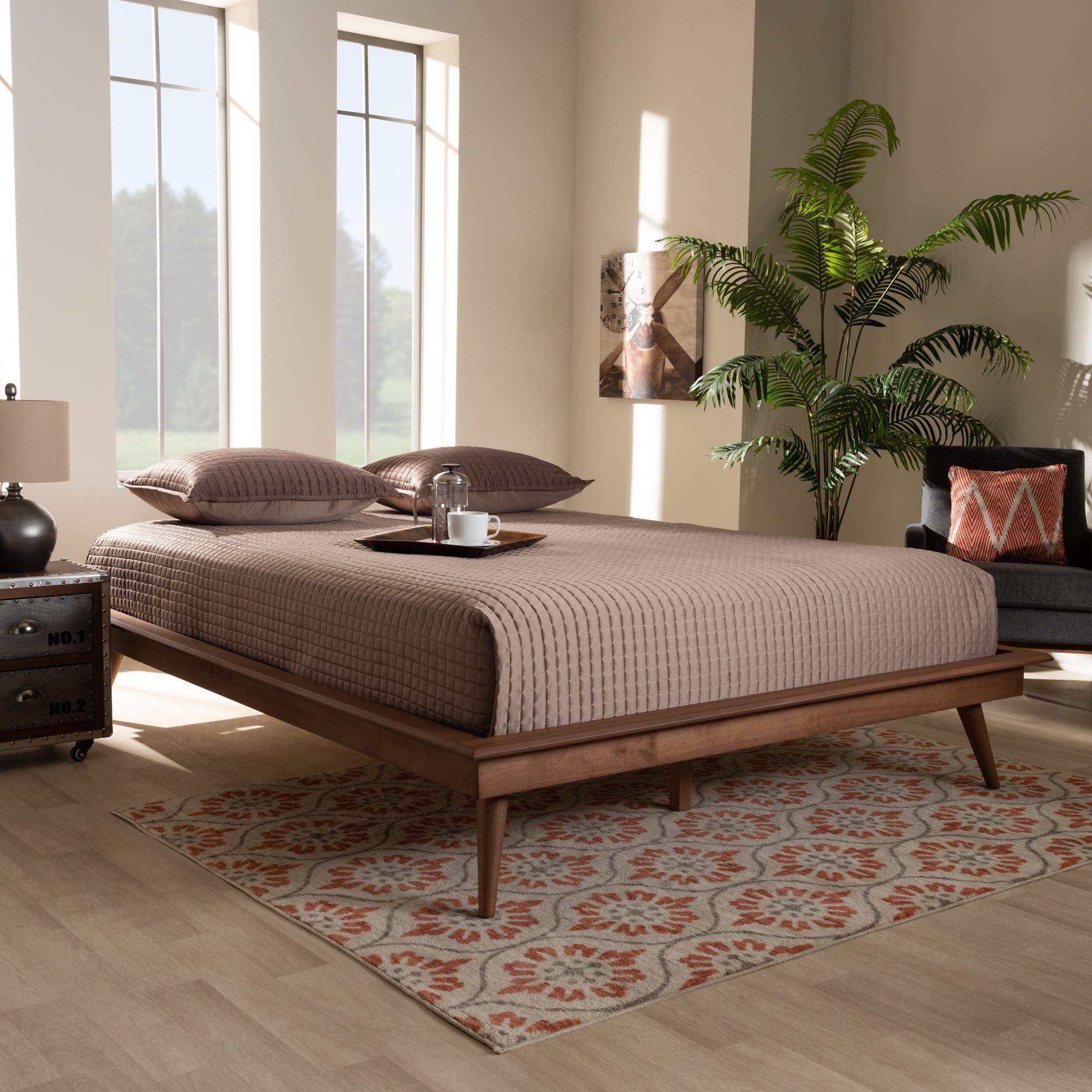 George Oliver Melbourne  Platform Bed Frame in Mid-Century Modern Walnut Brown Finished Wood
