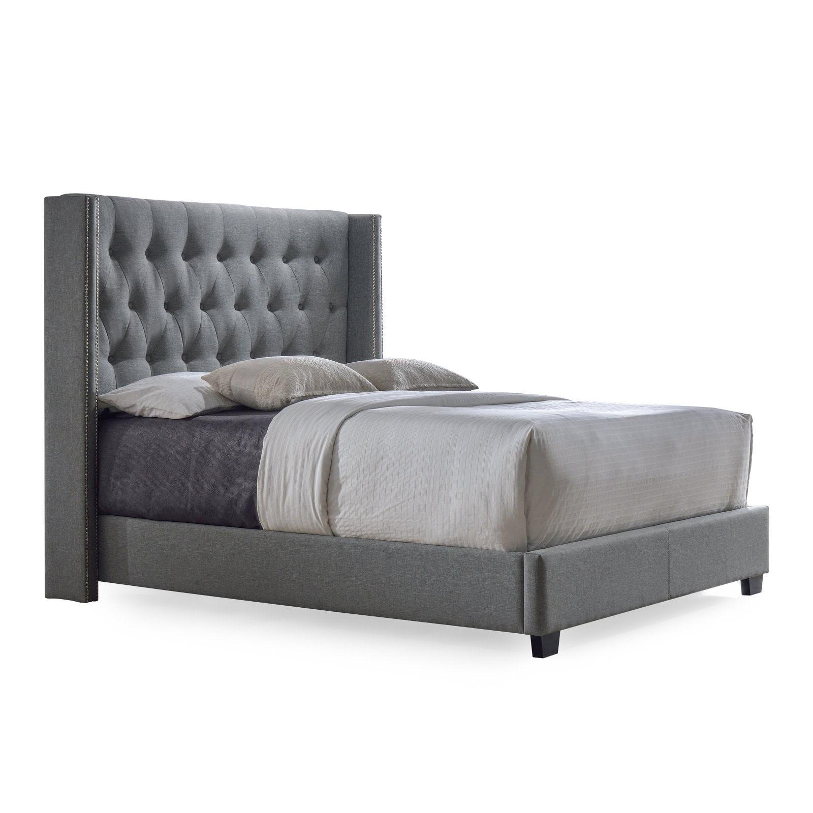 Luxurious King-Sized Gray Faux Leather Wingback Bed with Nailhead Trim