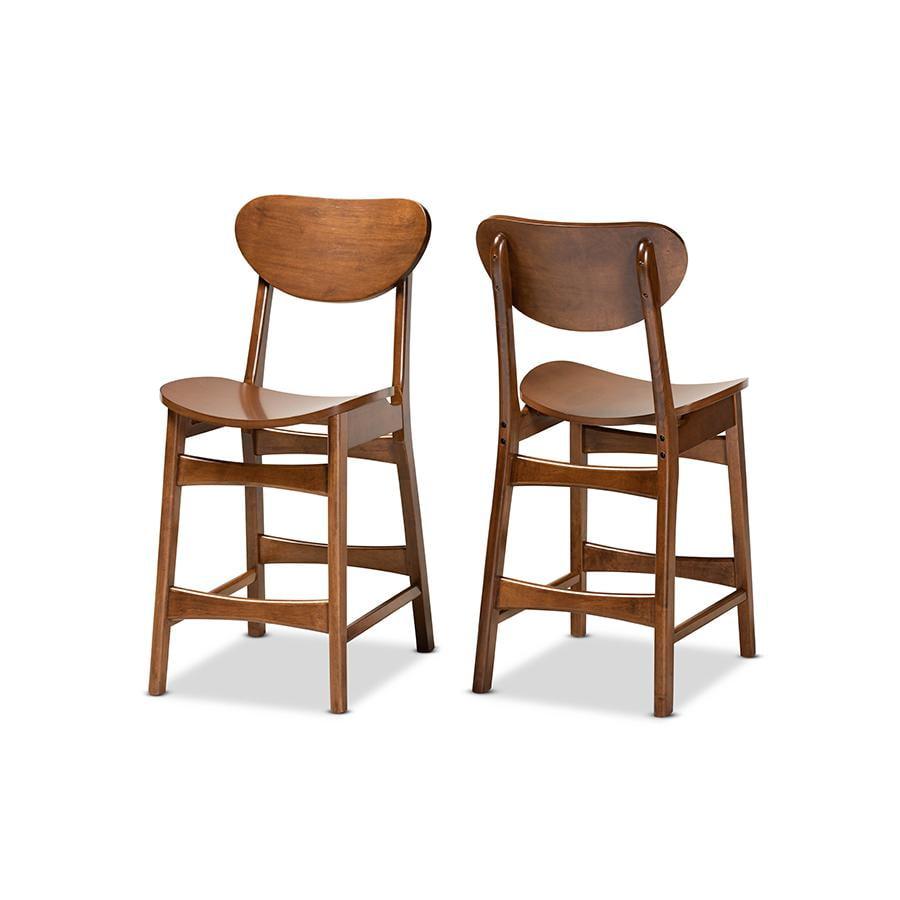 2pc Katya Wood Counter Height Barstool Set Brown - Baxton Studio: Walnut Finish, Polyester Upholstery, Footrests