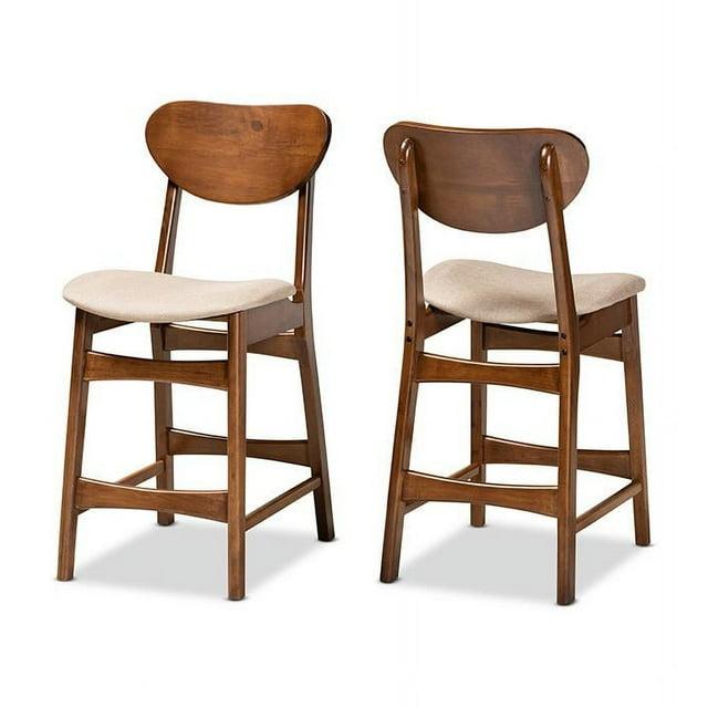 2pc Katya Fabric Upholstered and Wood Counter Height Barstool Set Brown - Baxton Studio: Walnut Finish, Foam Padded