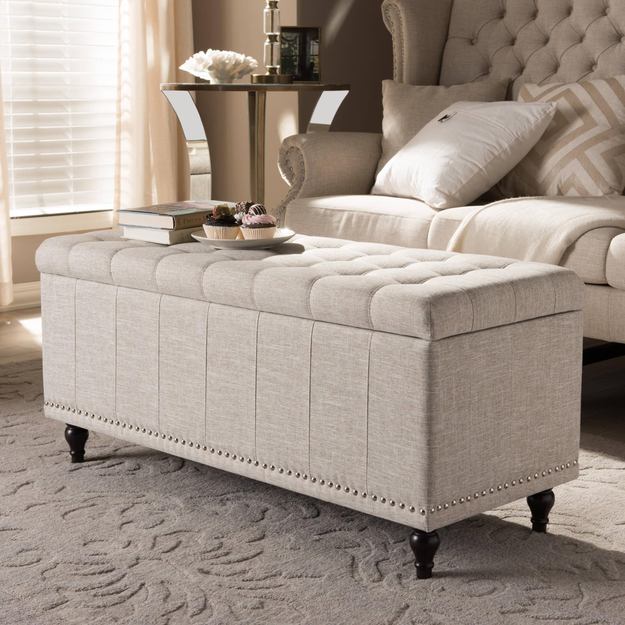 Kaylee Beige Button-Tufted Storage Ottoman Bench with Silver Nailheads