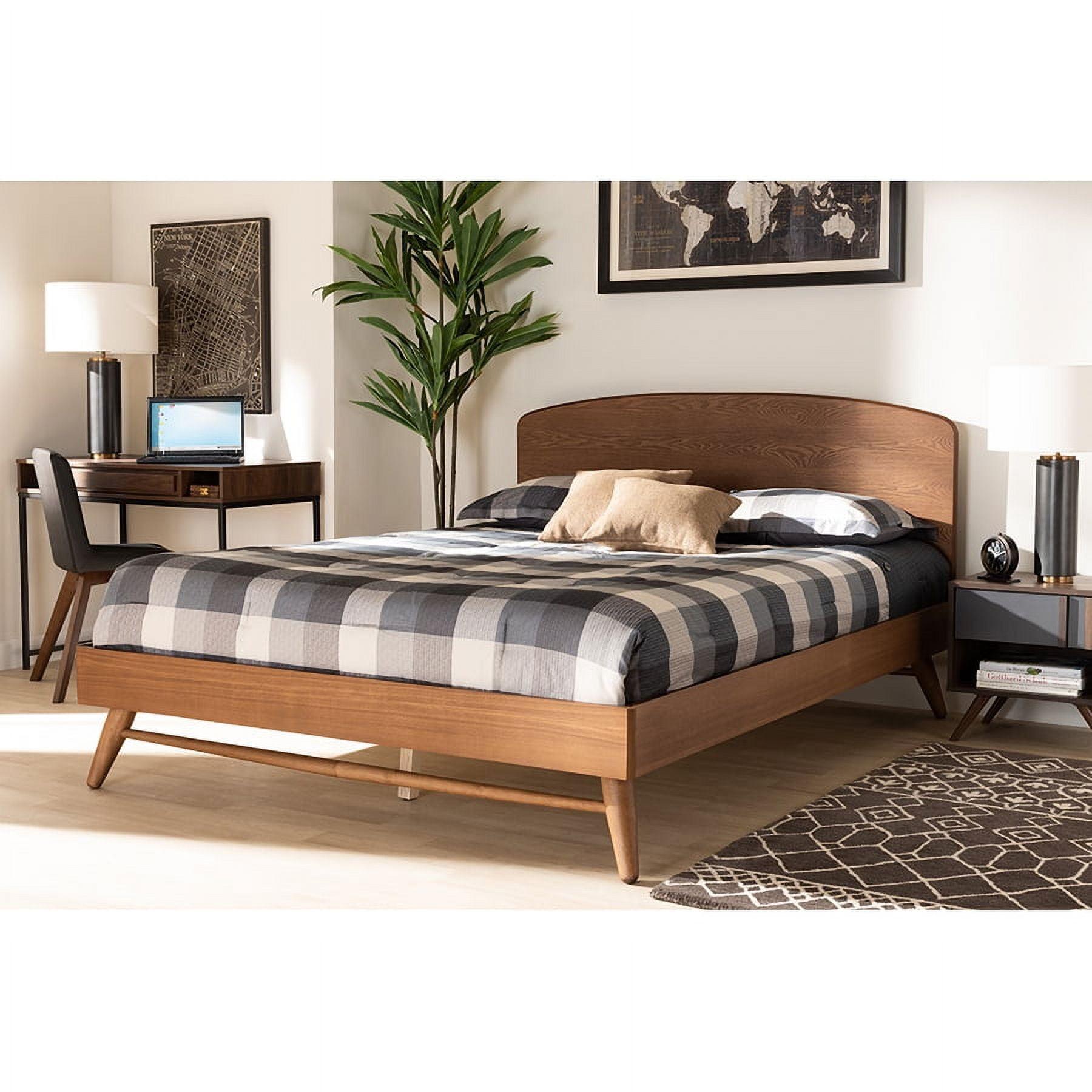 Walnut Brown Queen Wood Frame Platform Bed with Curved Headboard