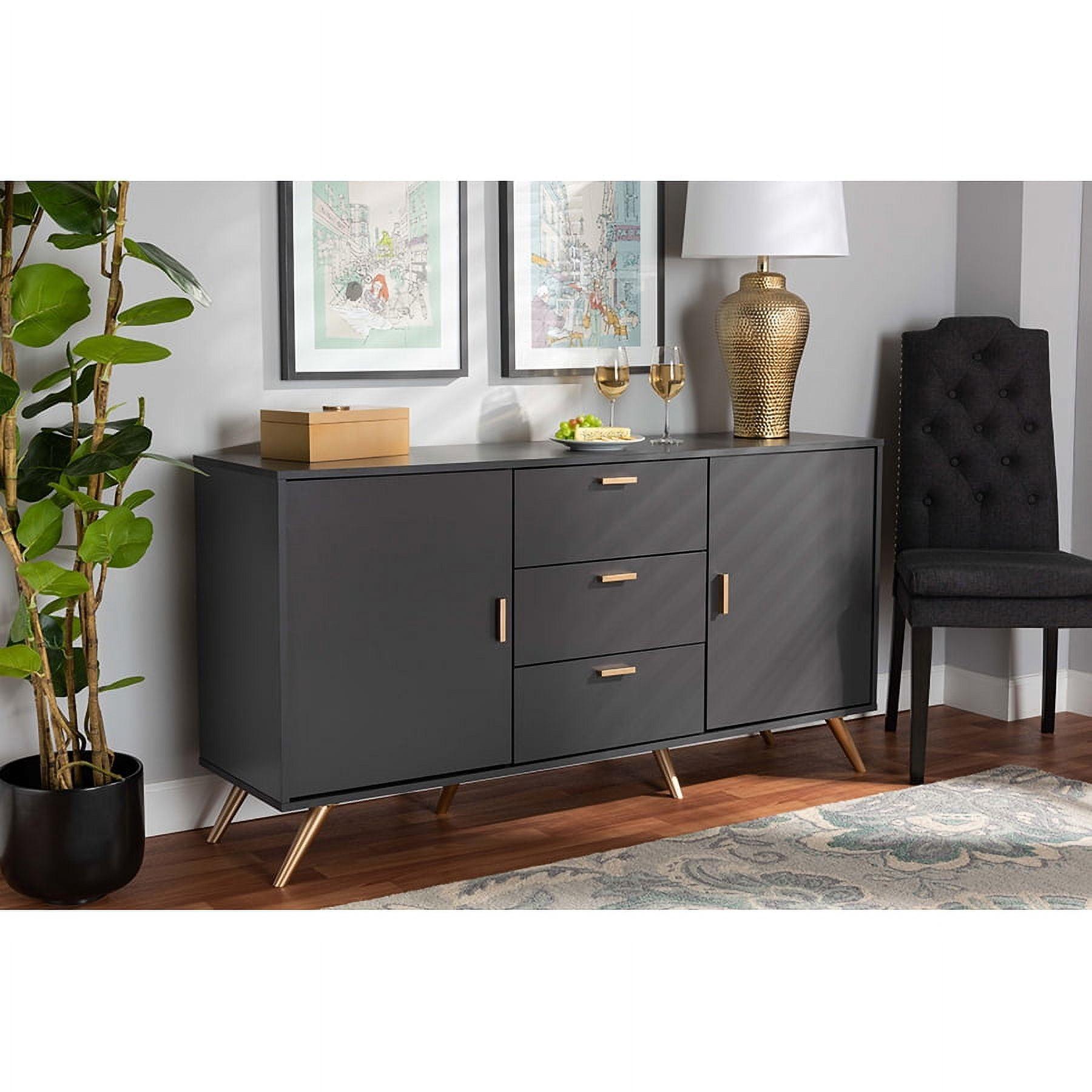 Baxton Studio Kelson Wood 2 Door Sideboard Buffet Dark Gray/Gold: Mid-Century Modern Storage Console with 3 Drawers