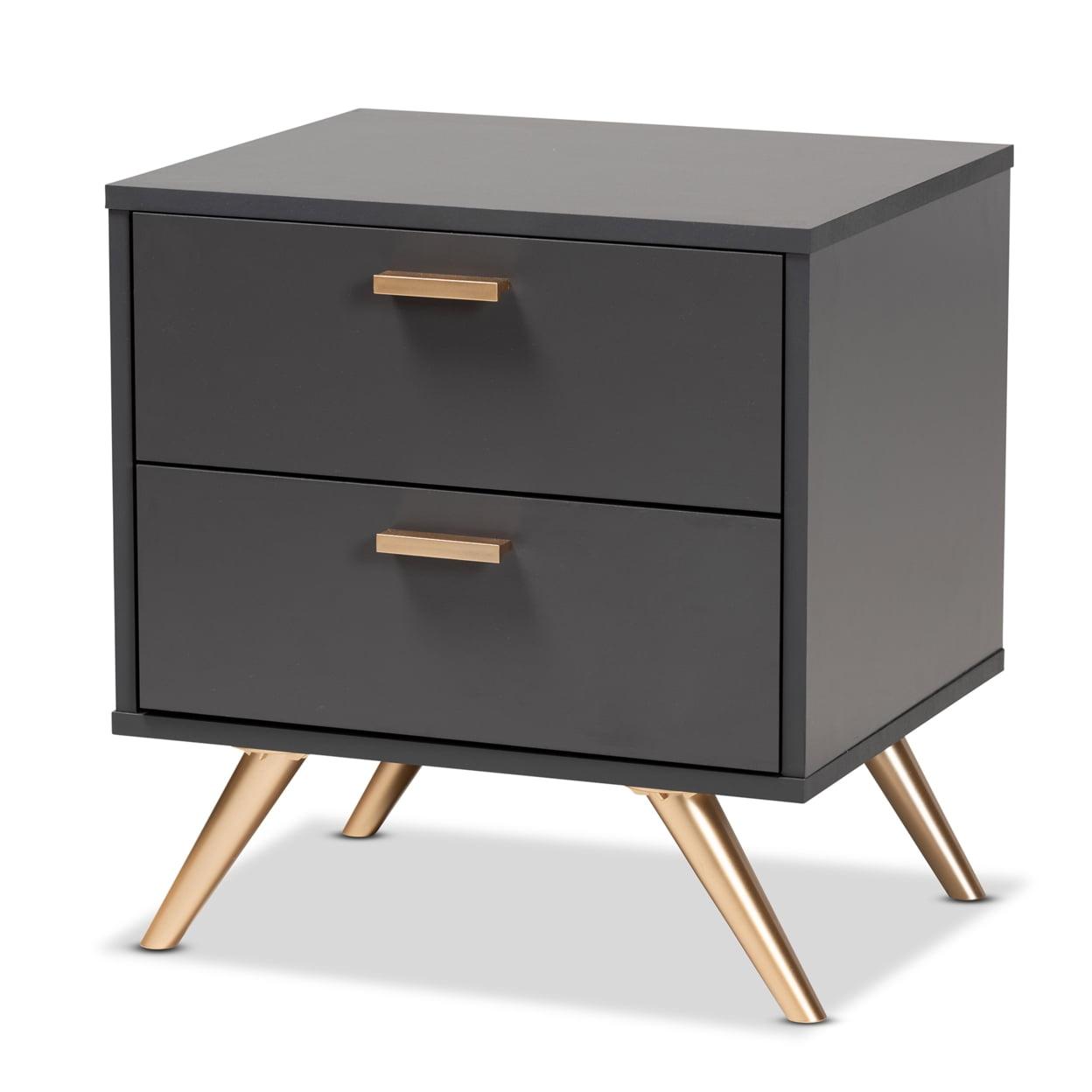 Kelson Dark Gray and Gold Wood 2-Drawer Nightstand