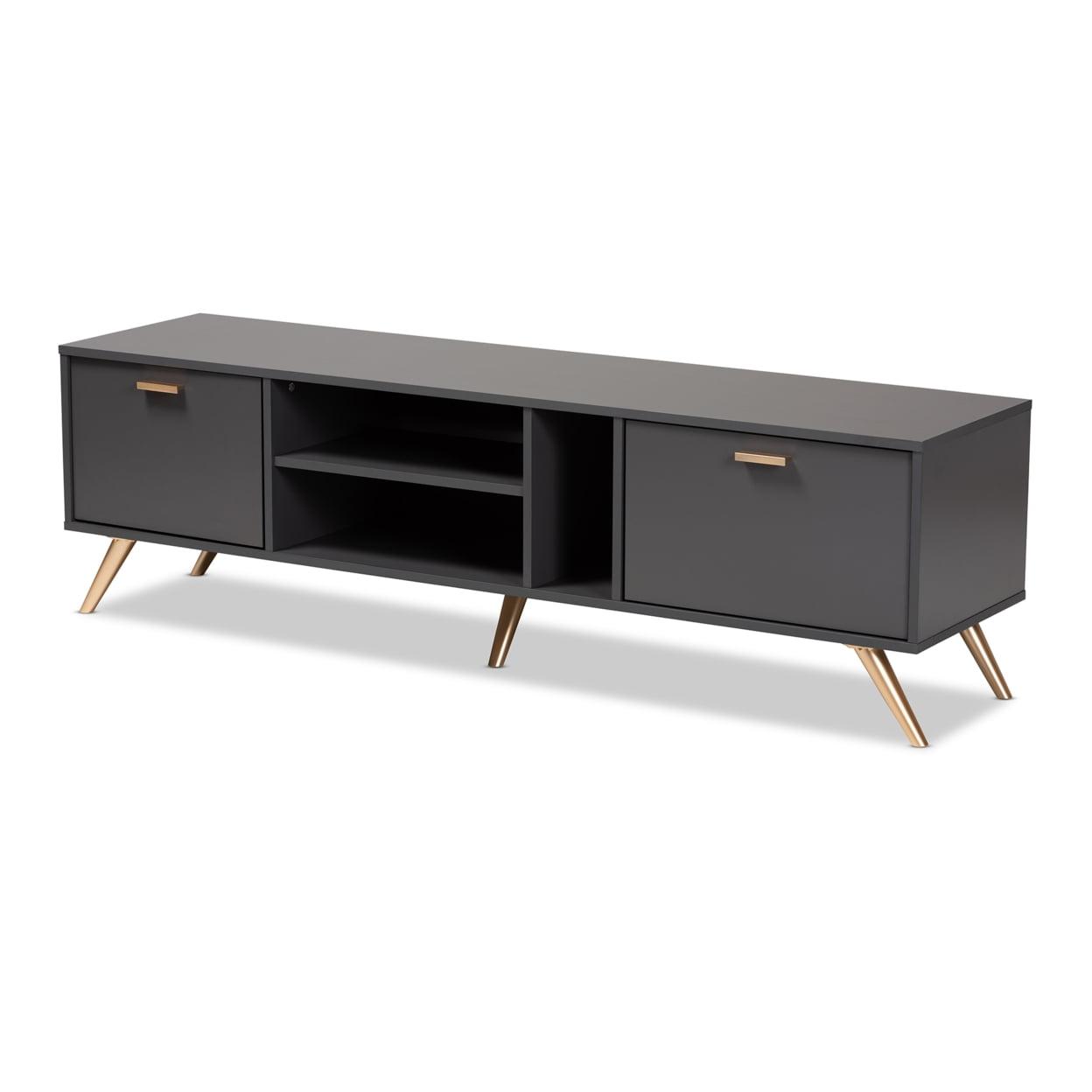 Contemporary Dark Grey and Gold 63" Wood TV Stand with Cabinet