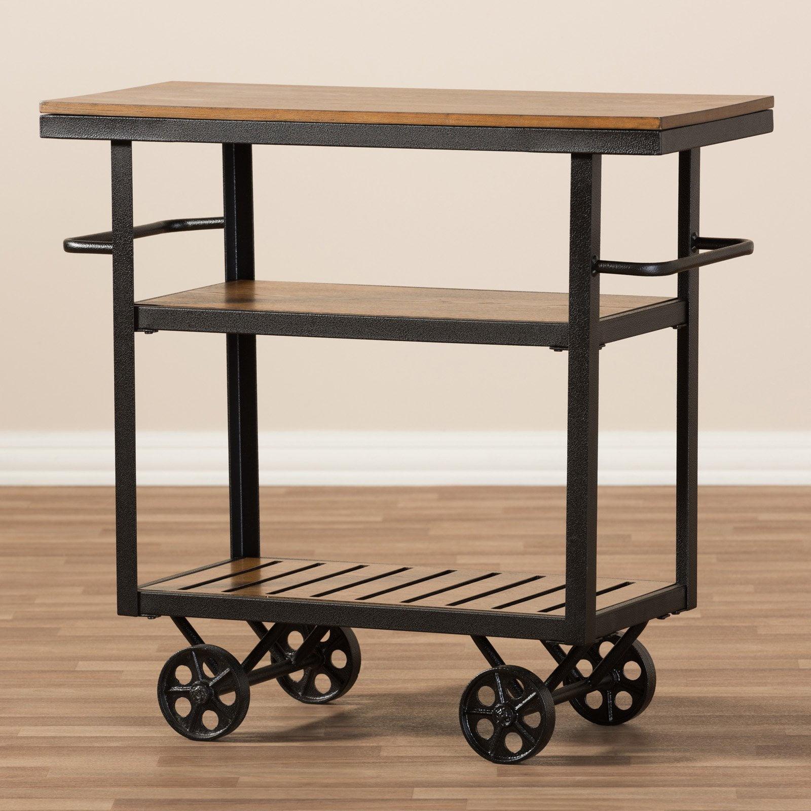 Antique Black & Distressed Oak Wood Mobile Bar Cart with Wine Rack