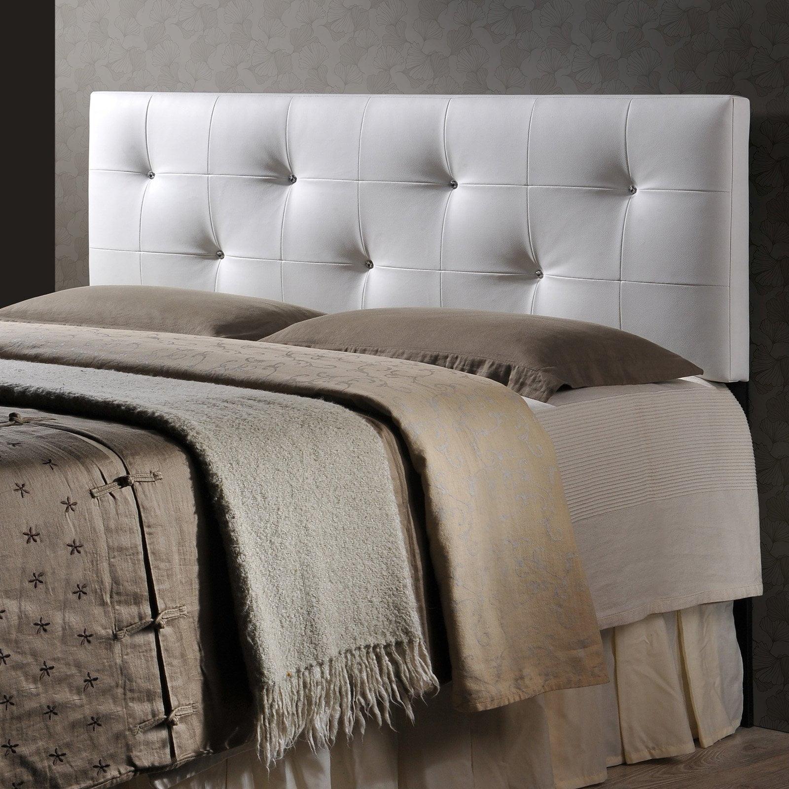 White Faux Leather Tufted Queen Headboard with Crystal Buttons