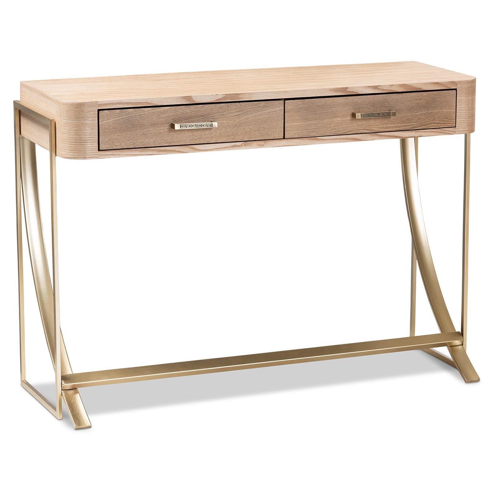 Light Brown and Gold Wood Metal Hallway Table with Storage