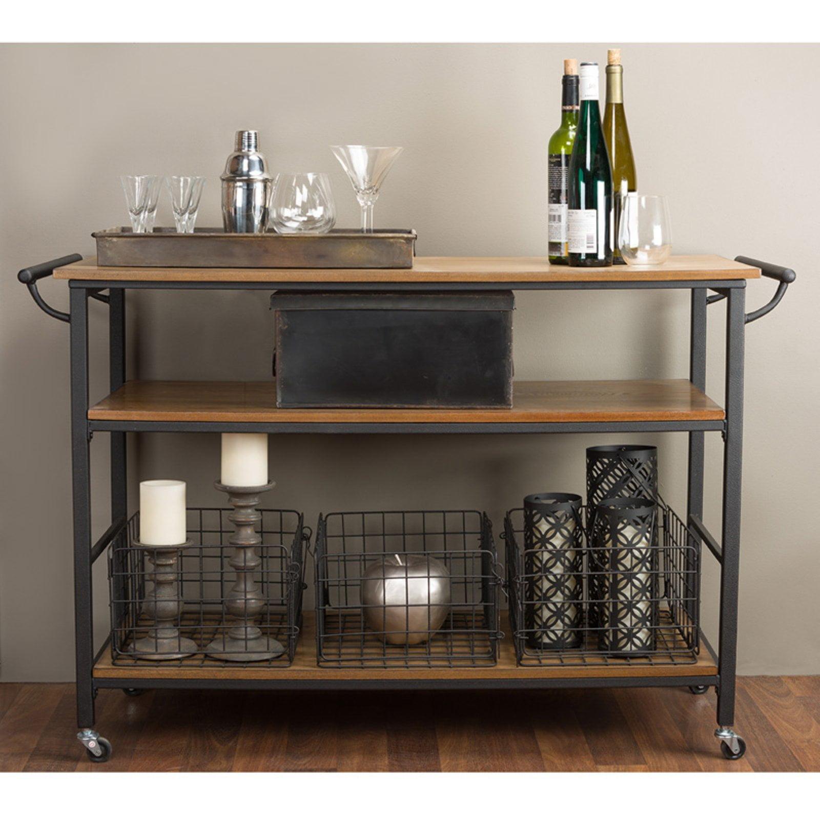 Brown and Bronze Wood Metal Kitchen Cart with Storage