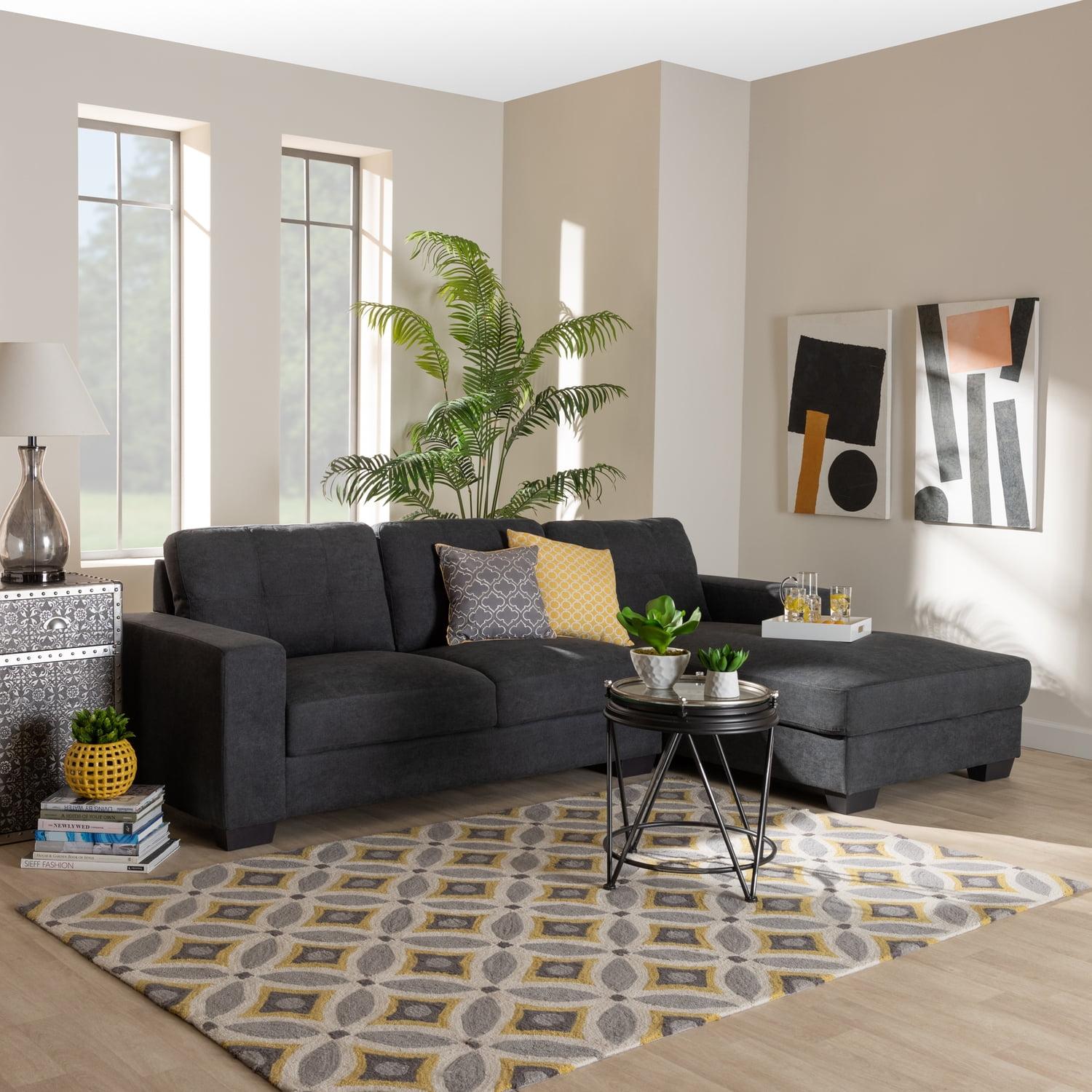 Langley Dark Grey Tufted Fabric Sectional Sofa with Track Arms