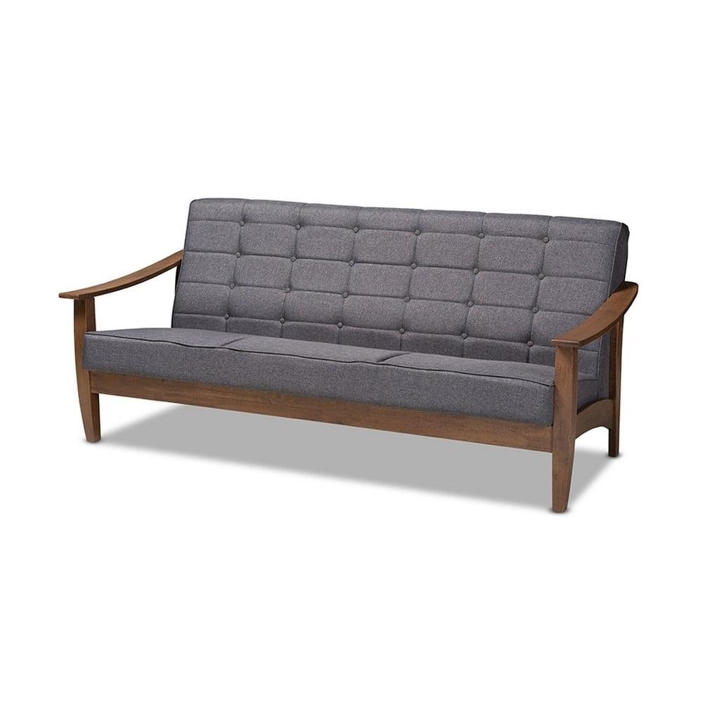 Scandinavian Gray Linen Tufted Sofa with Walnut Wood Frame - 76"