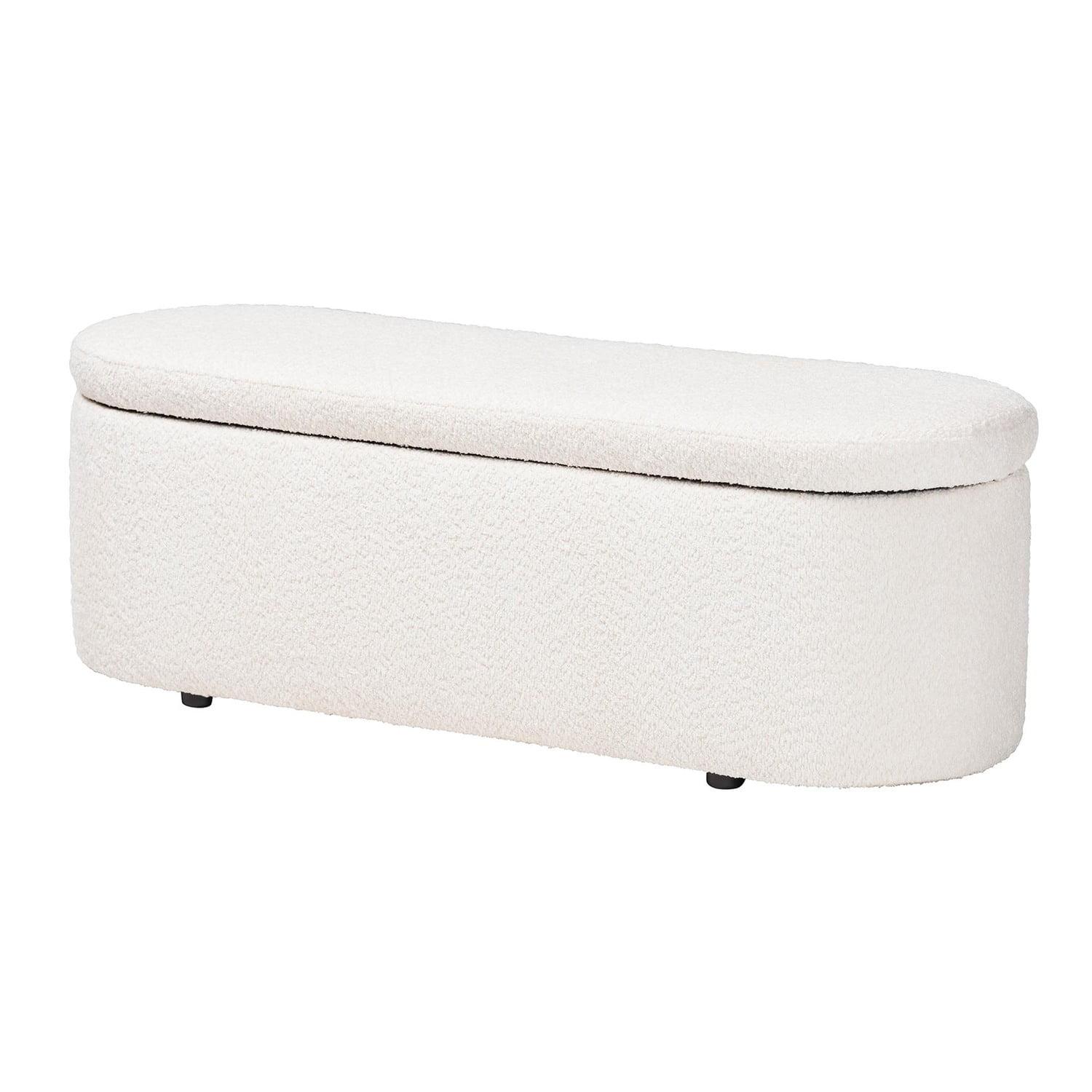 Lavina White Teddy-Bear Fabric Storage Bench with Wooden Legs