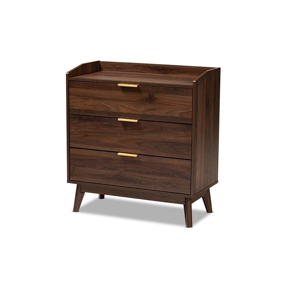 Lena Mid-Century Walnut 3-Drawer Chest with Gold-Tone Handles