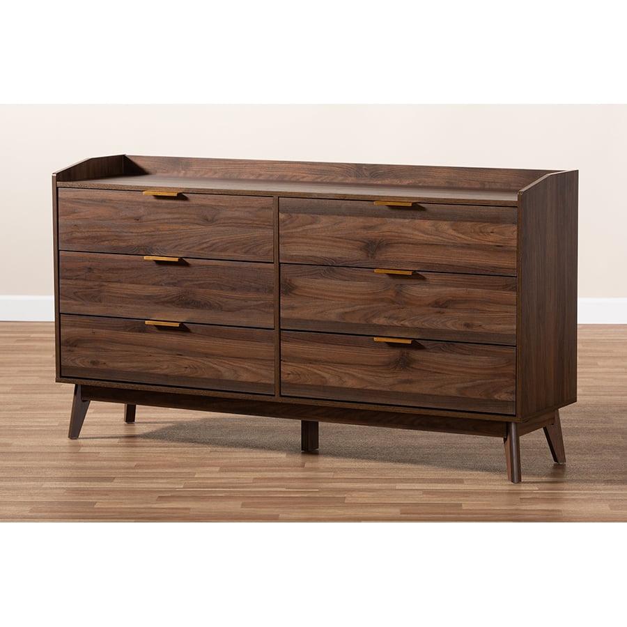 Elegant Mid-Century Walnut Brown Dresser with Gold-Tone Handles, 6 Drawers