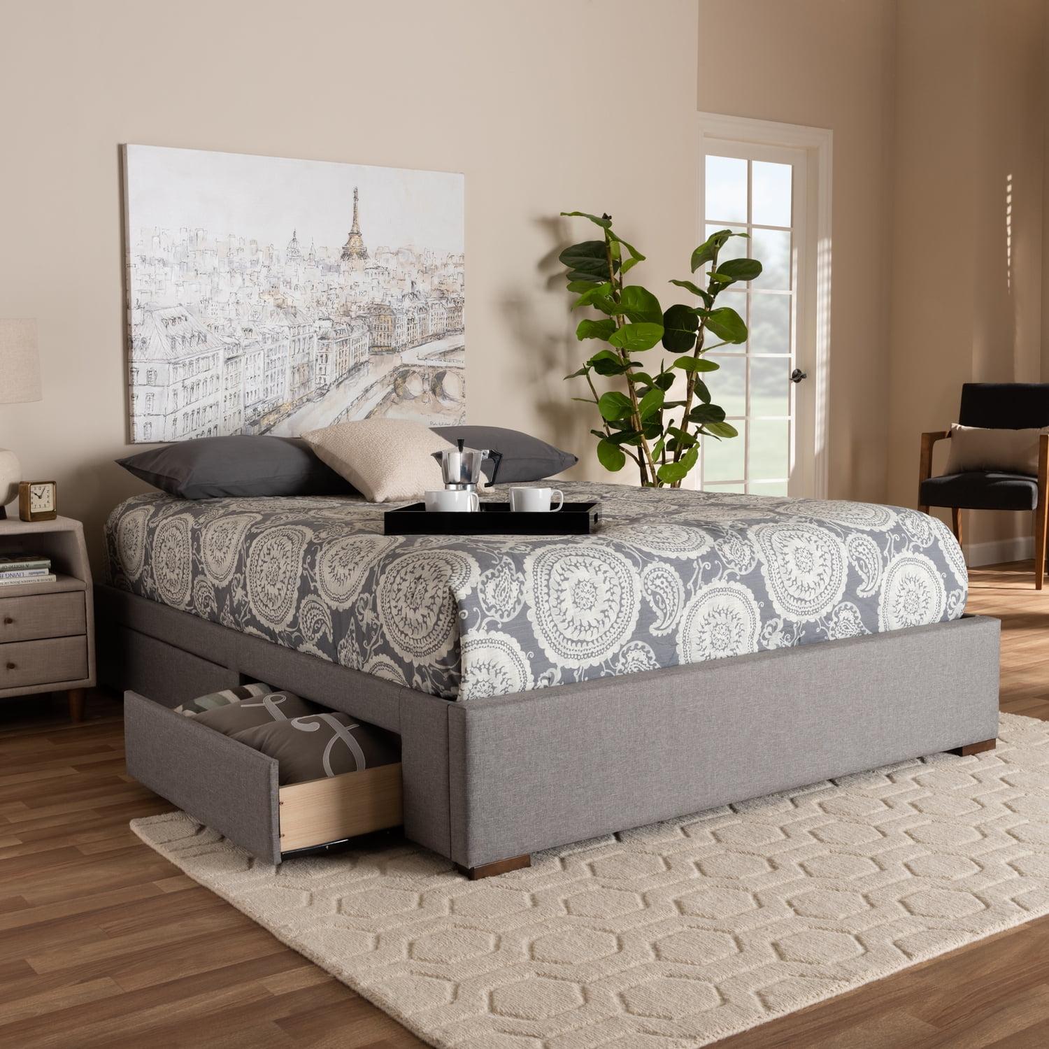 King Leni Bed Frame Gray - Baxton Studio: Storage Drawers, Polyester Upholstery, Foam Padded, Wood Block Feet