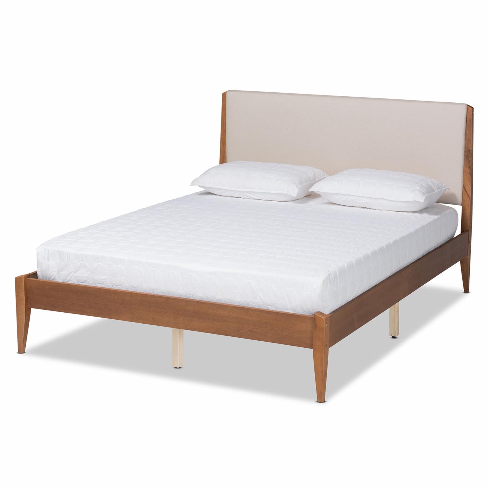 Queen Lenora Wood Platform Bed Walnut Brown/Beige - Baxton Studio: Upholstered Headboard, No Box Spring Needed