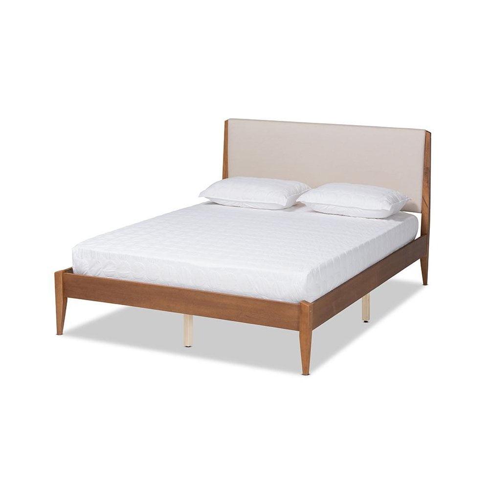 Full Lenora Wood Platform Bed Walnut Brown/Beige - Baxton Studio: Upholstered Headboard, No Box Spring Required