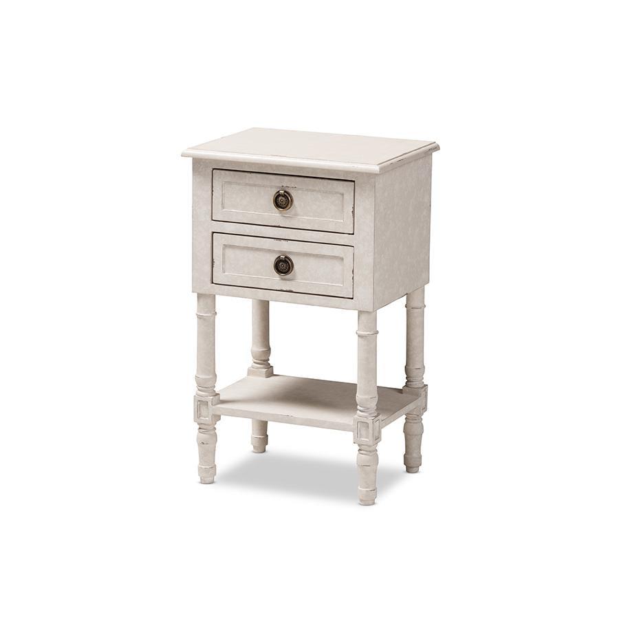 Whitewashed Farmhouse Charm 2-Drawer Nightstand with Bronze Pulls