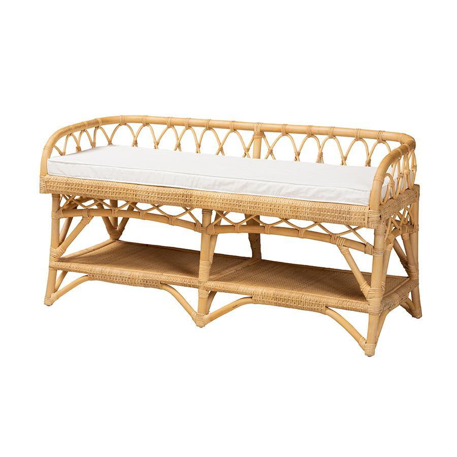 Natural Rattan Bench with Storage and Cushion