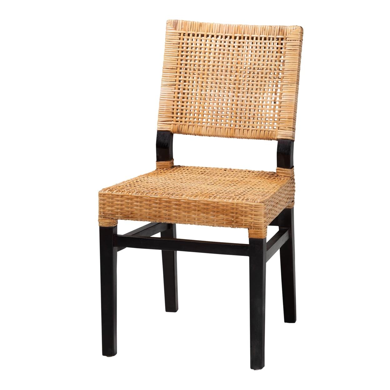 Natural Brown Rattan and Mahogany Wood Dining Chair