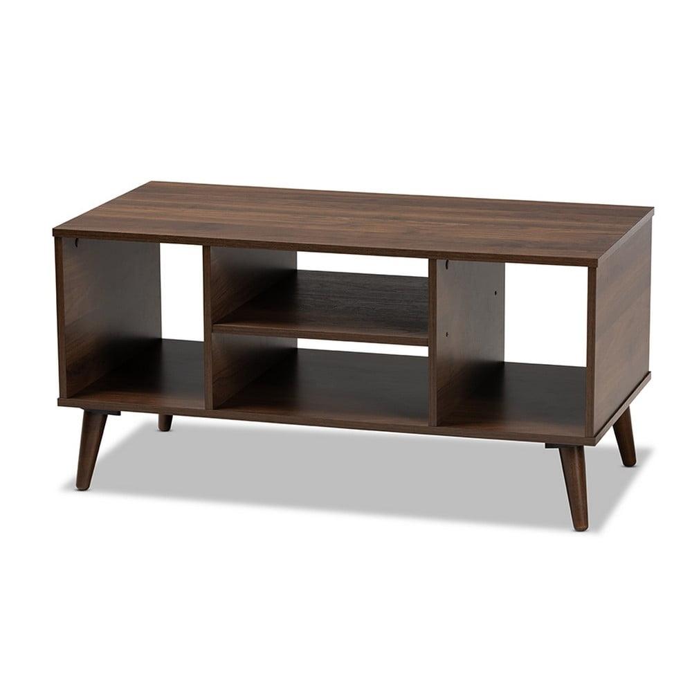 Linas Mid-Century Walnut Wood Coffee Table with Shelves