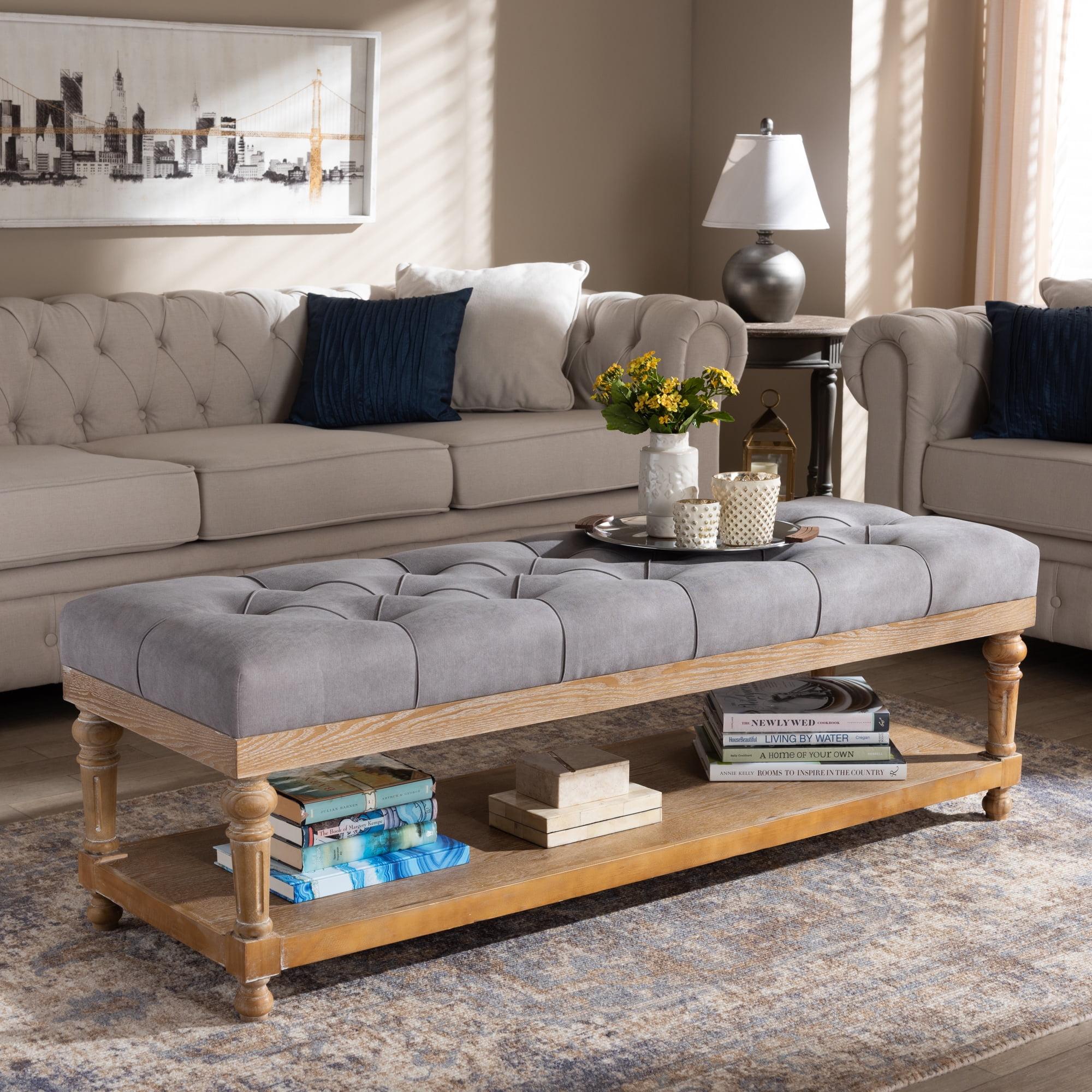 Gray Upholstered Wood Bench with Storage Shelf