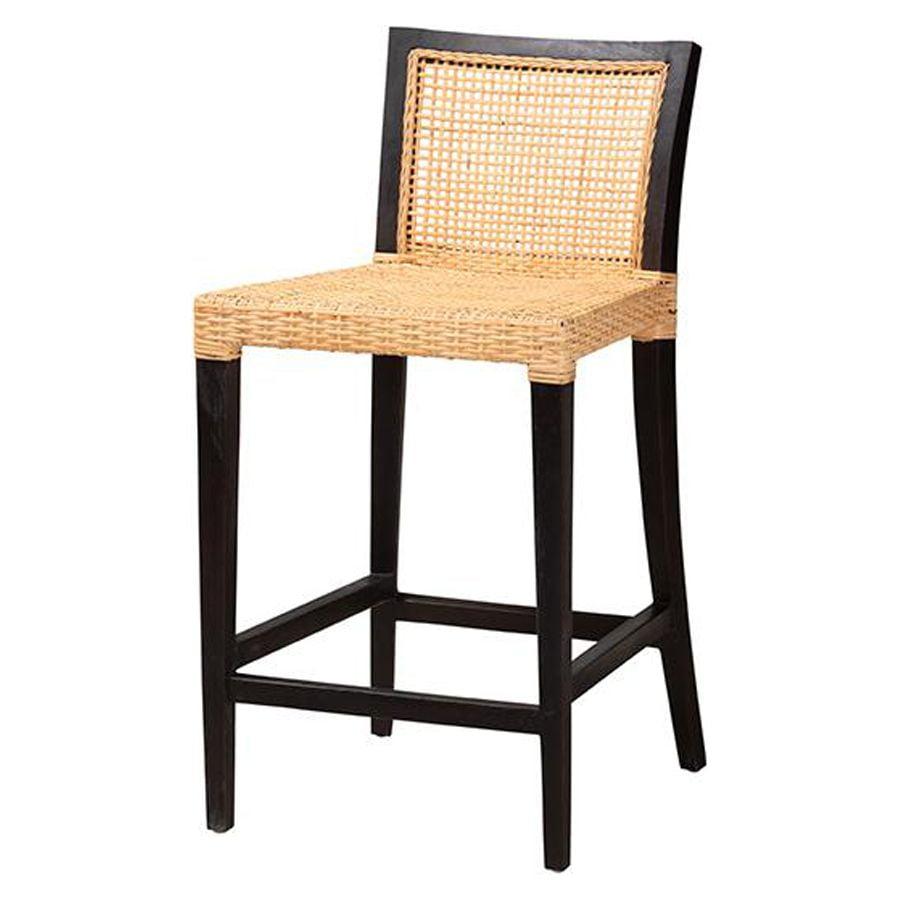 Lingga Dark Brown Mahogany Wood and Natural Rattan Counter Stool