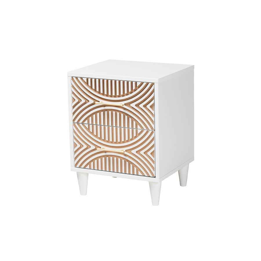 Baxton Studio Louetta Carved Contrasting Nightstand White/Natural Brown