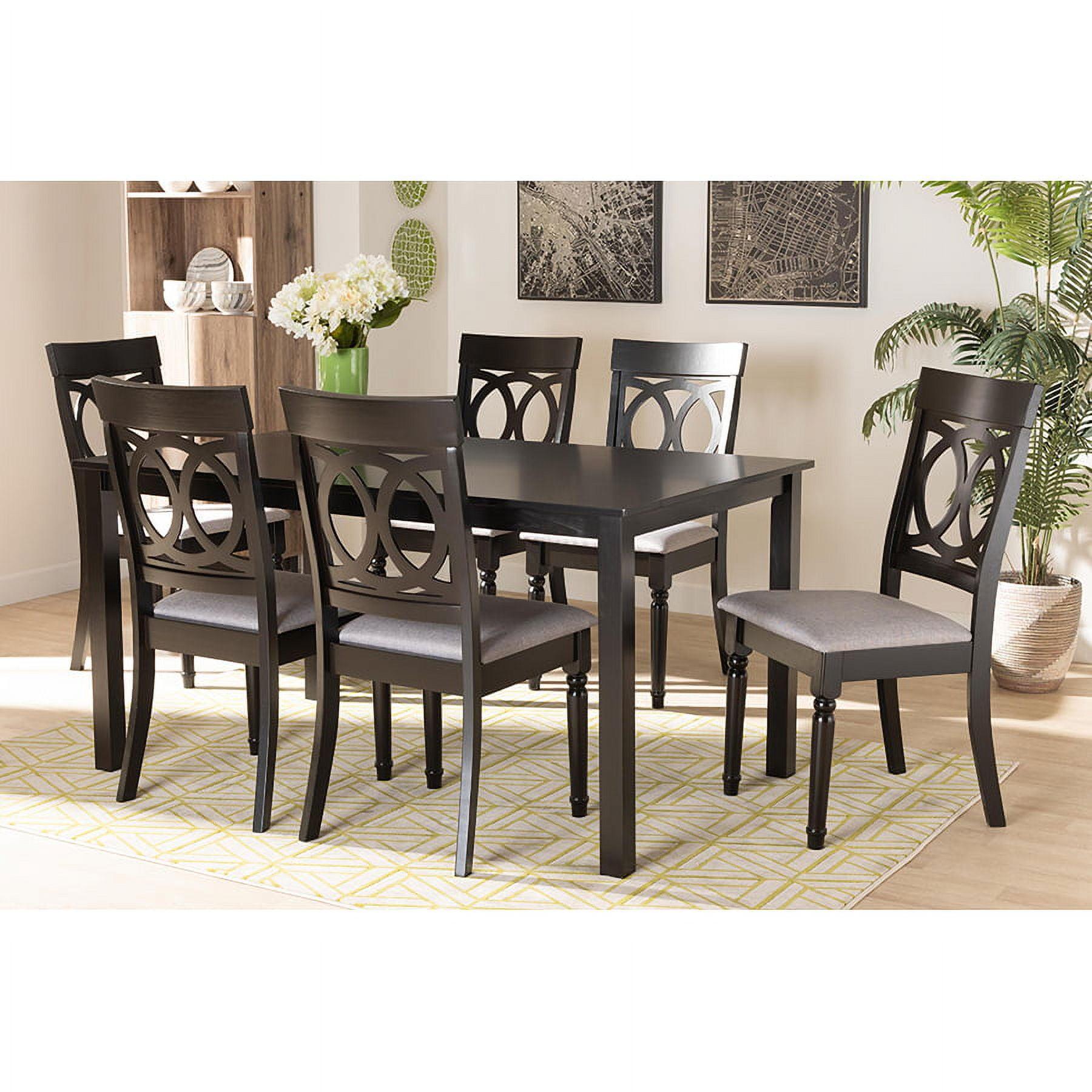 Lucie 7-Piece Dark Brown Wood & Grey Fabric Dining Set