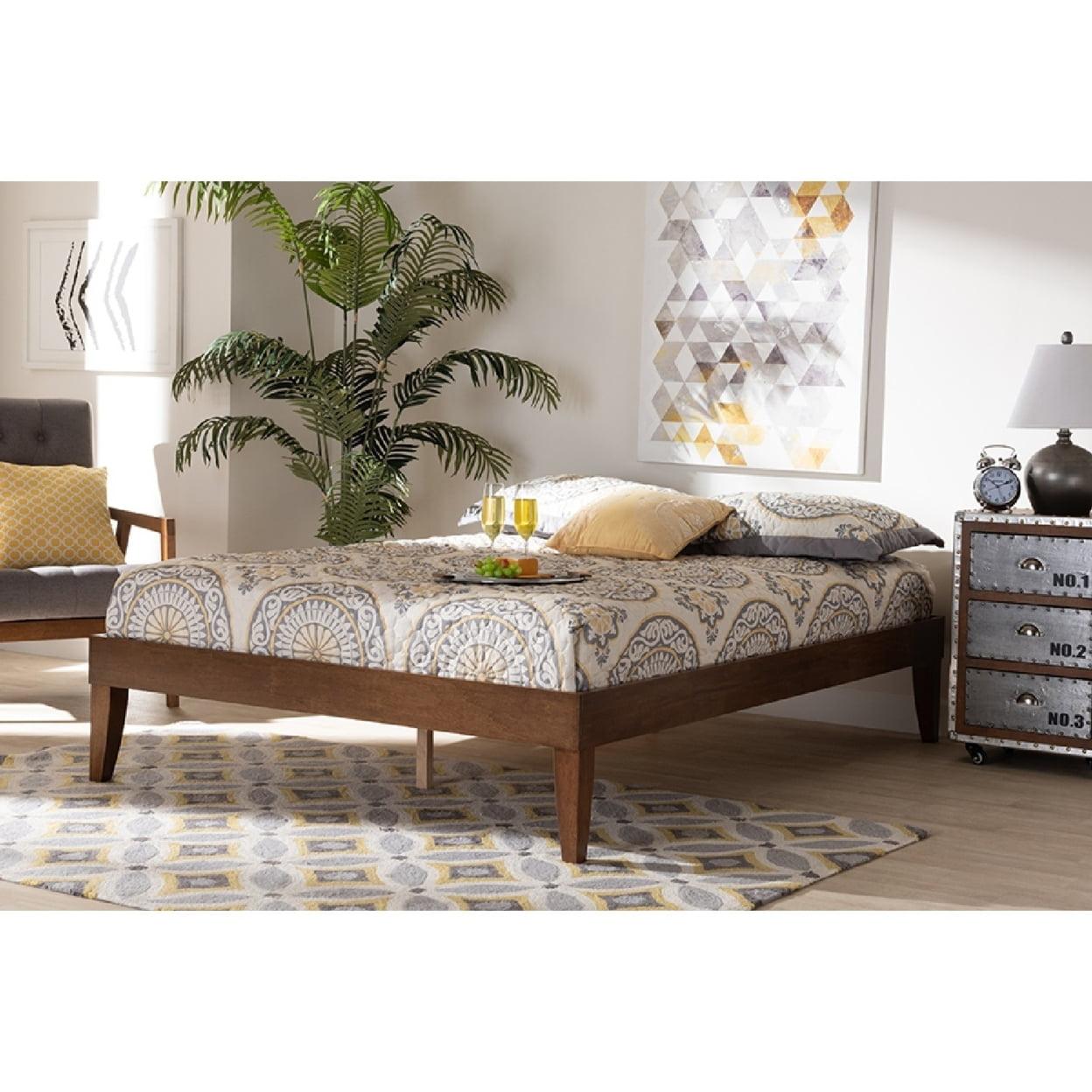 Mid-Century Modern Walnut Brown Full Platform Bed with Slats