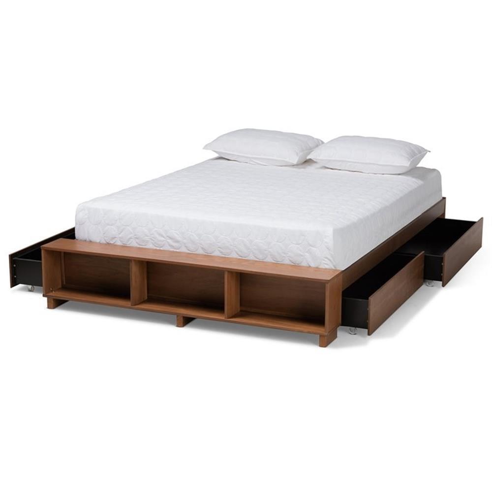 Arthur Wood Platform Bed with Built-In Shelves Ash Walnut - Baxton Studio