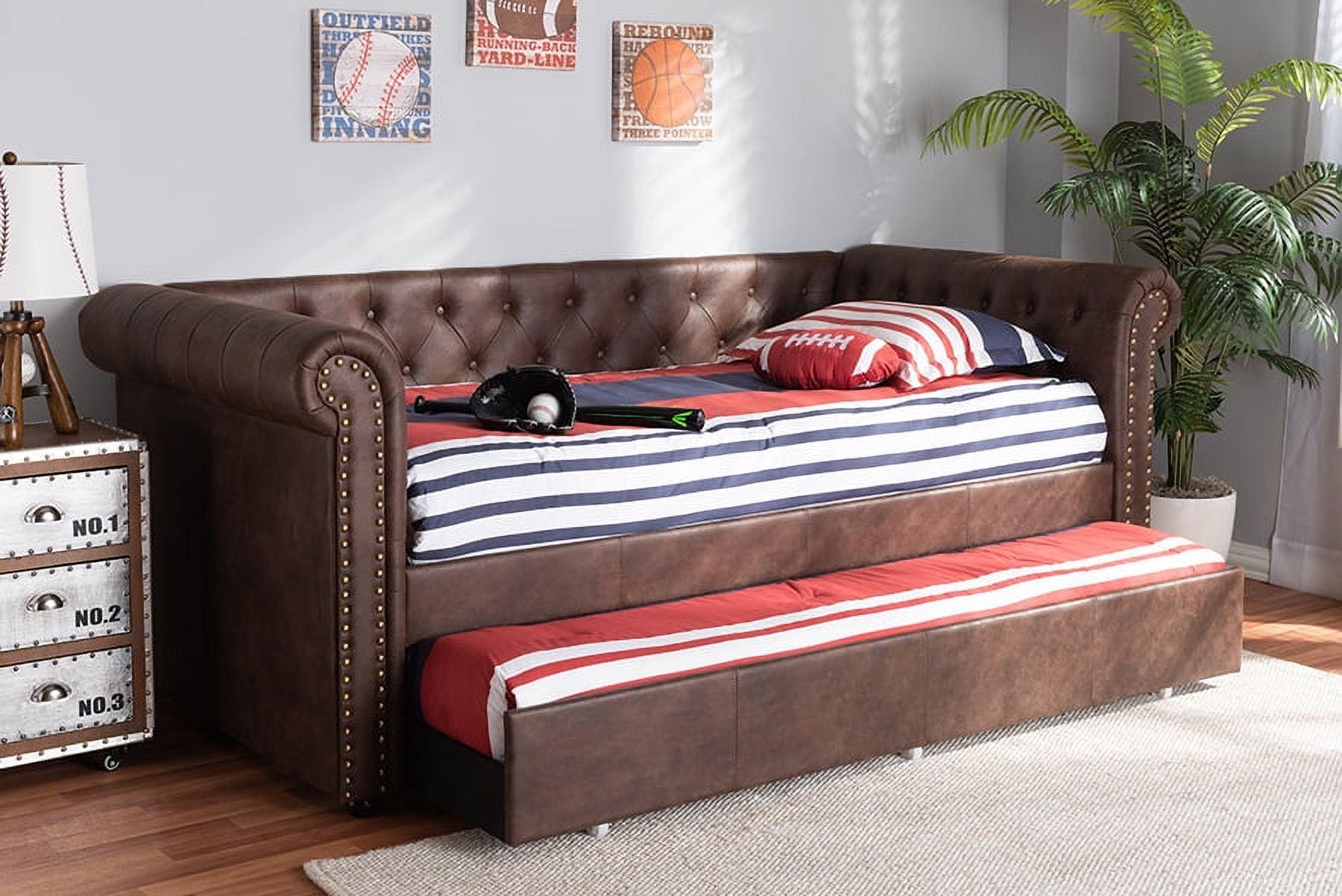 Baxton Studio Twin Brown Mabelle Faux Leather Daybed with Trundle: Upholstered, Wood Composite Frame, Polyester Fill