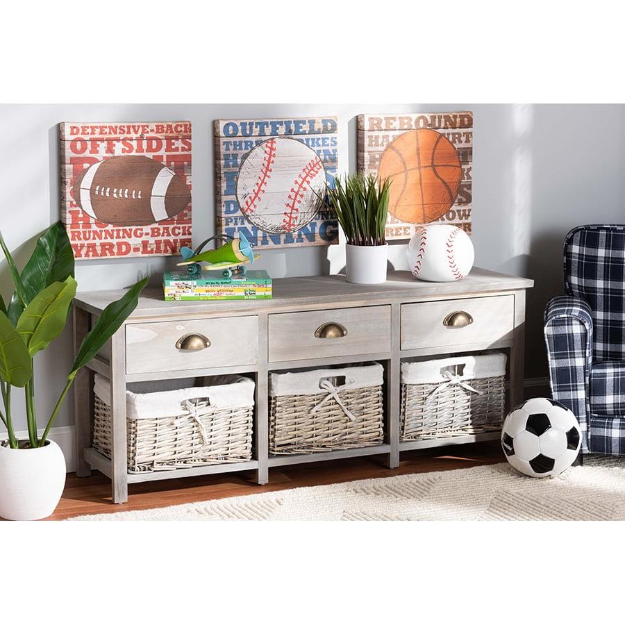 Mabyn Light Grey Wood & Wicker 3-Drawer Storage Bench