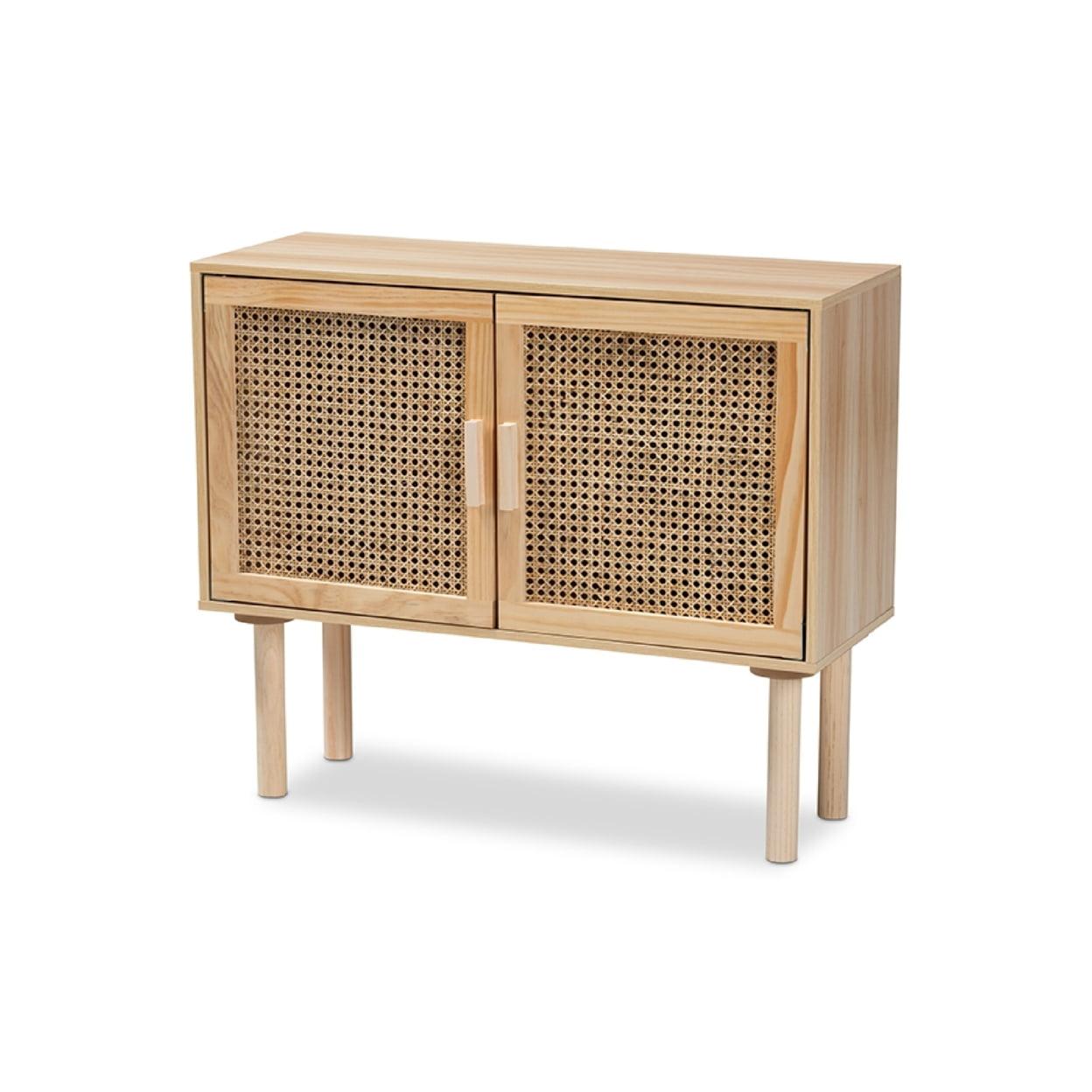 Maclean Mid-Century Modern Natural Rattan and Wood 2-Door Sideboard