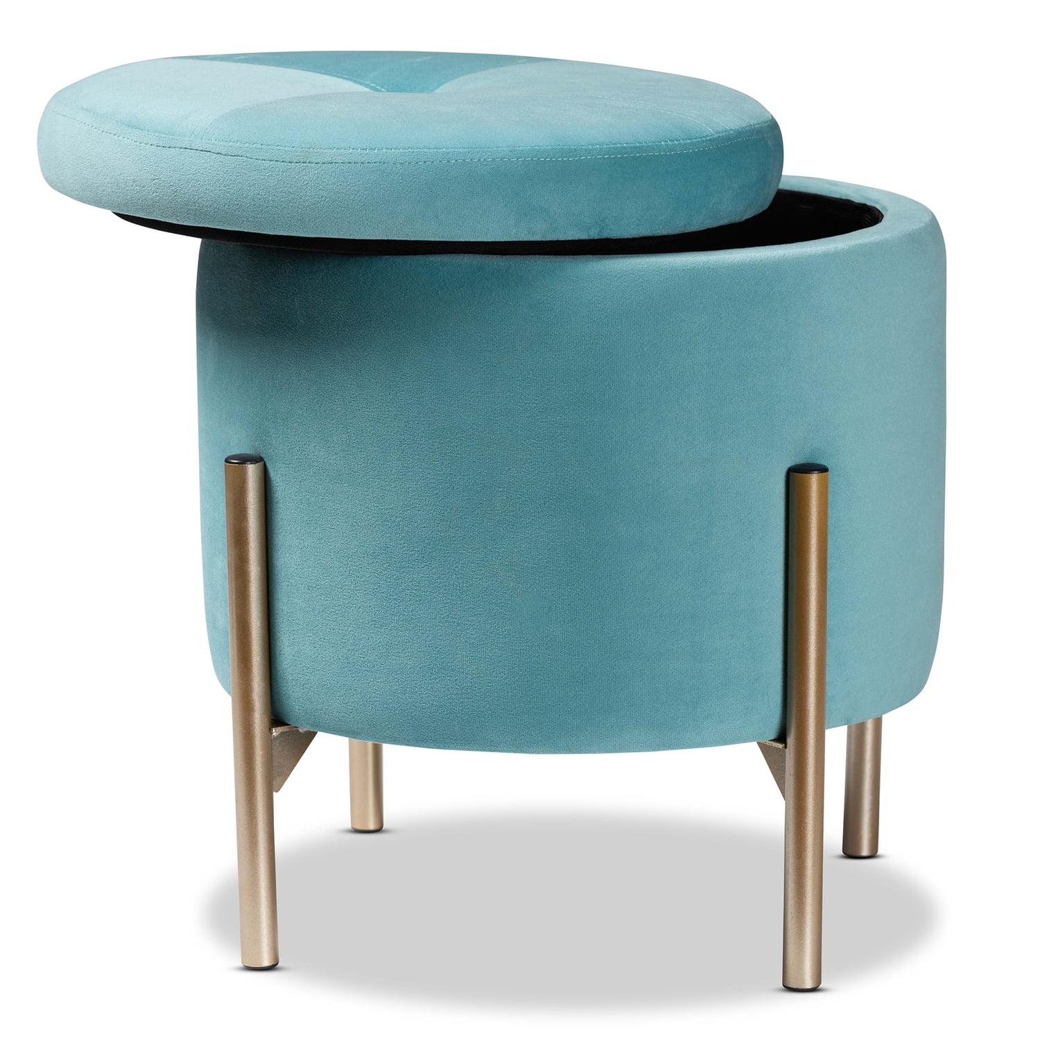 Malina Velvet Metal Storage Ottoman Blue/Gold - Baxton Studio: Upholstered Bench, Footstool with Compartment