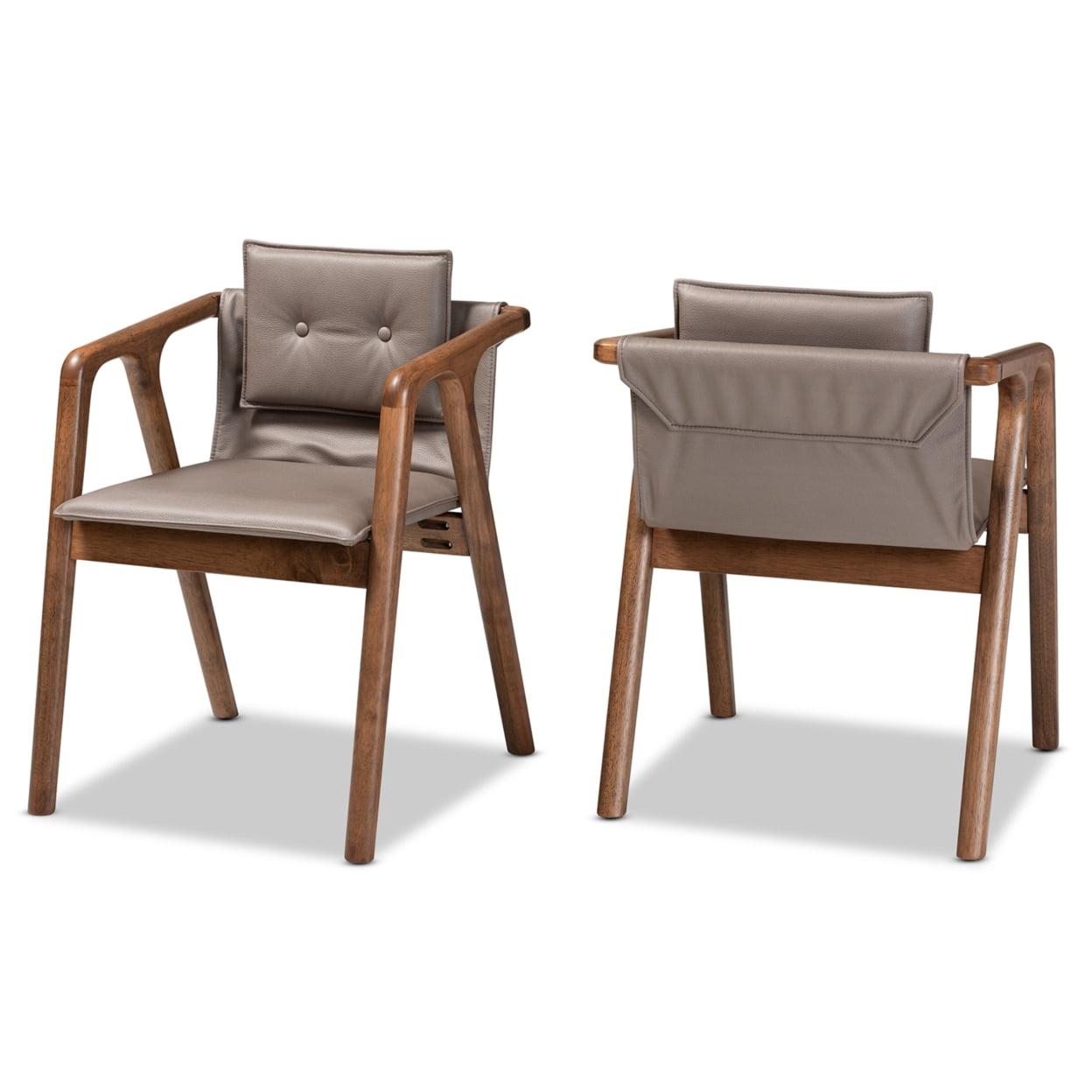 Baxton Studio 2pc Marcena Leather Upholstered and Wood Dining Chair Set Gray/Walnut Brown: Elegant Button-Tufted, Ergonomic Armrests