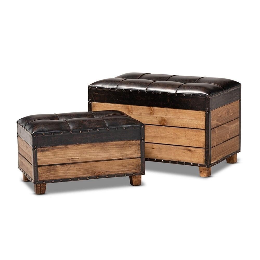 Rustic Dark Brown Faux Leather Tufted Trunk Ottoman Set