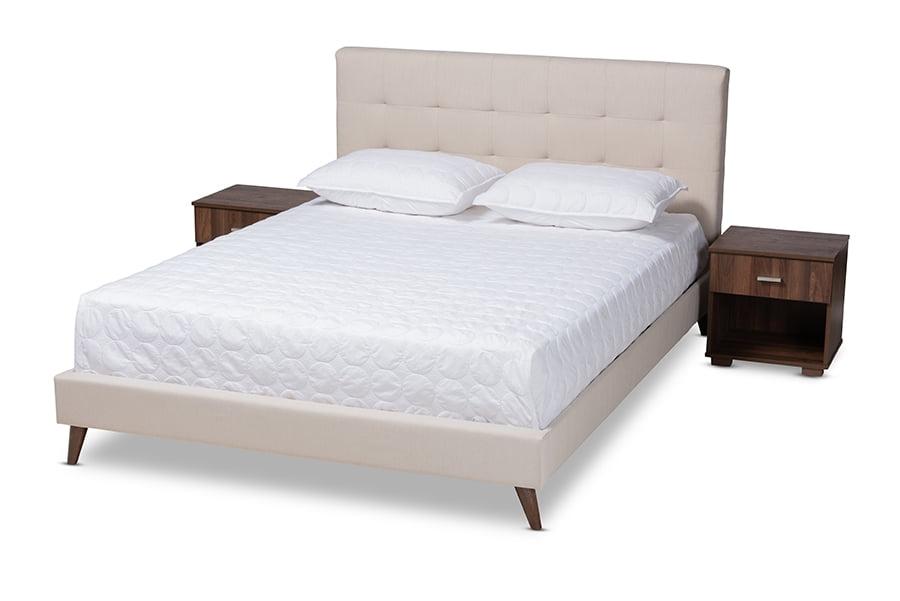 Maren Mid-Century Beige Fabric Queen Platform Bed with Nightstands