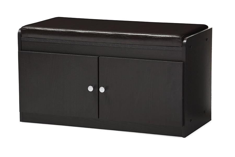 Margaret Modern and Contemporary Wood 2 - Door Shoe Cabinet with Faux Leather Seating Bench - Dark Brown - Baxton Studio