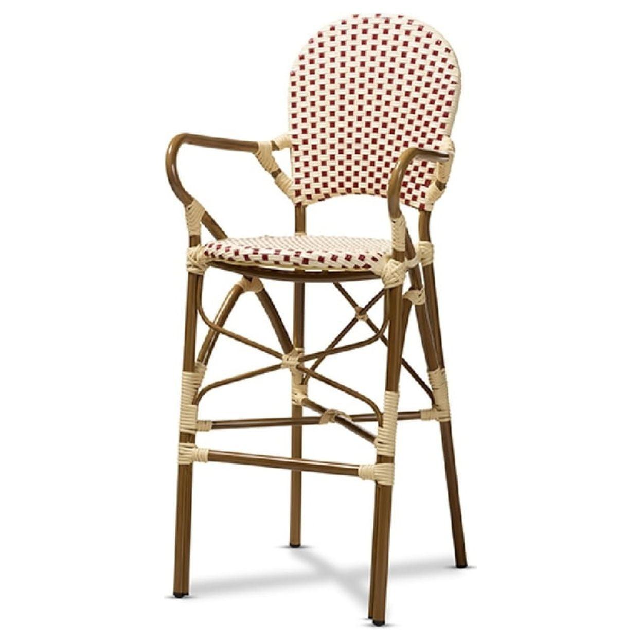 Beige and Red Woven Bamboo Style Bar Stool