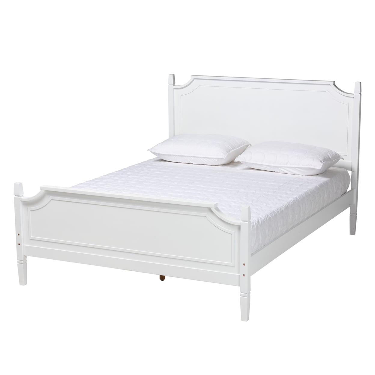 Elegant White Queen Platform Bed with Wood Frame and Upholstered Headboard