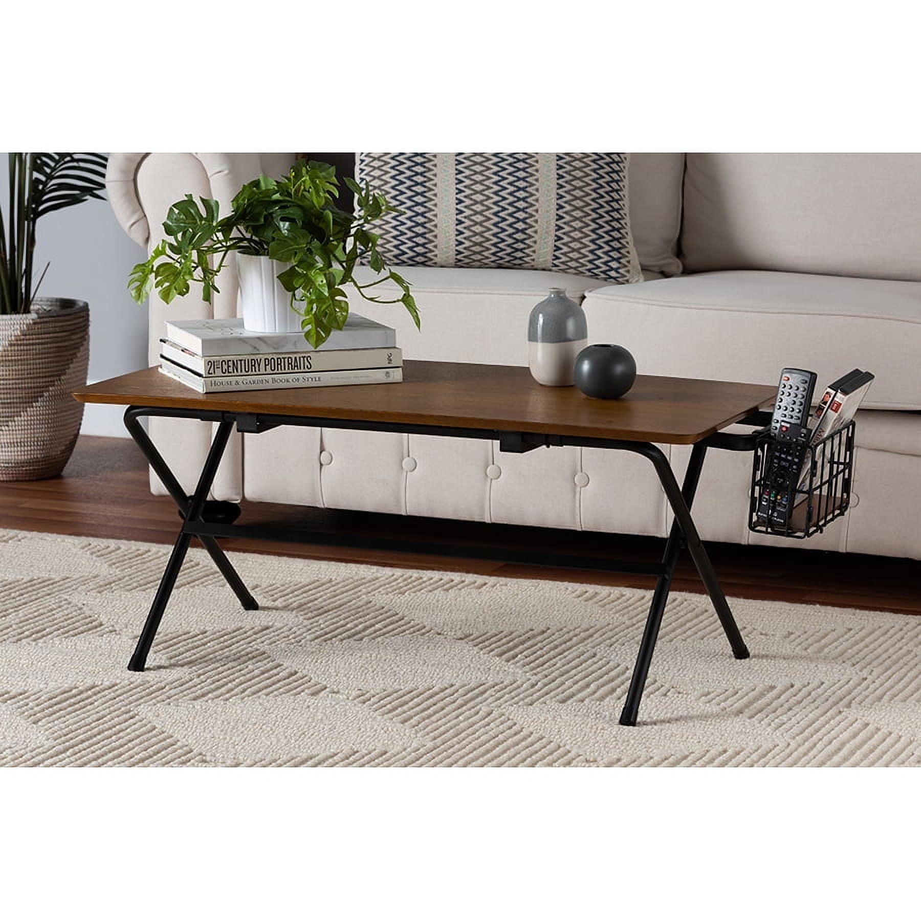 Mariela Low Profile Coffee Table with Basket Natural Brown/Black - Baxton Studio: Modern Rectangular Design, MDF Metal Frame