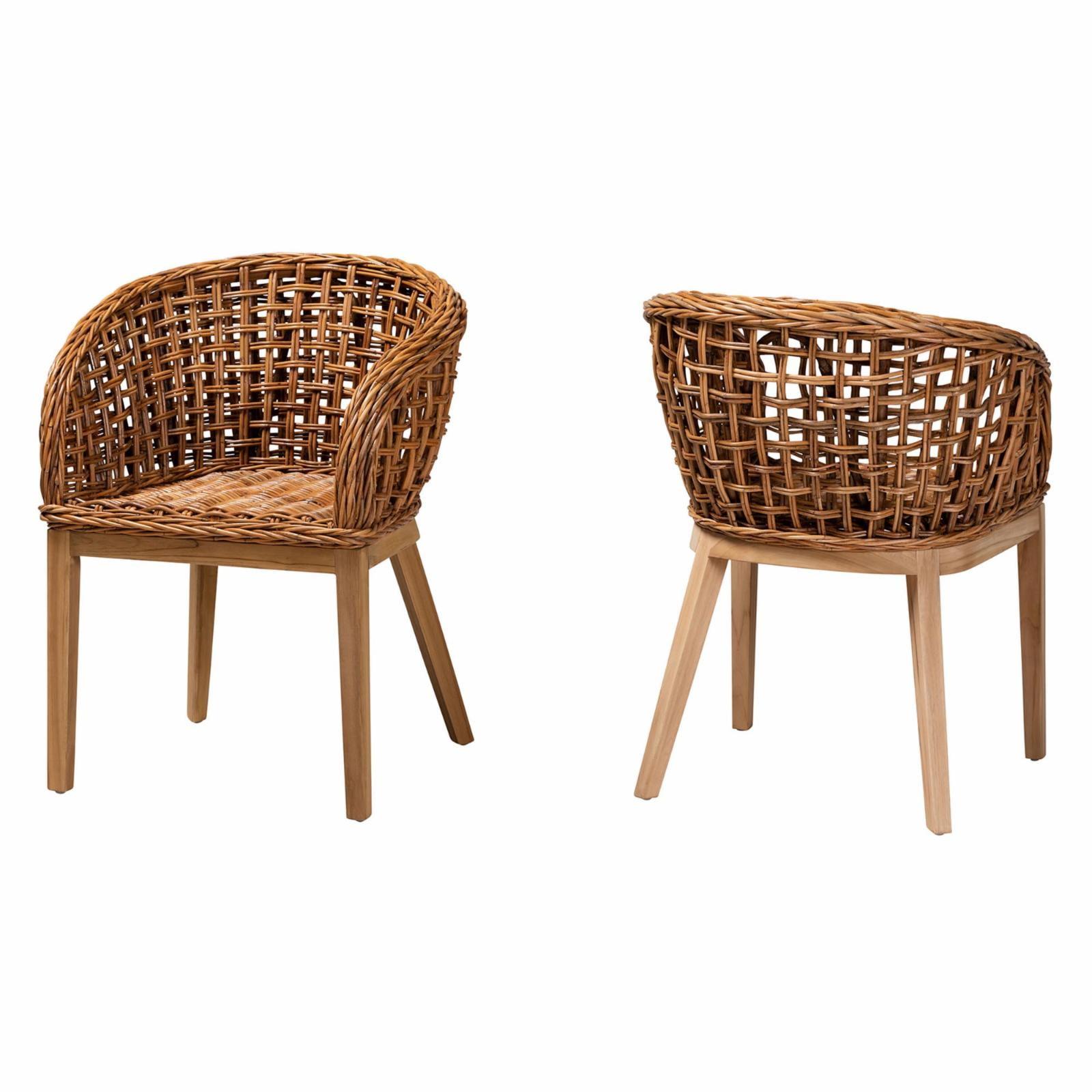 Natural Brown Teak Wood and Rattan 2-Piece Dining Chair Set