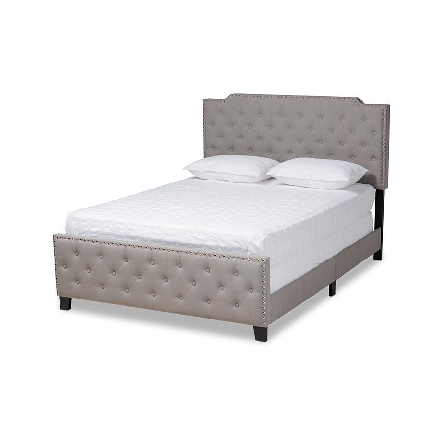 Elegant Gray Linen Queen Bed with Tufted Headboard and Nailhead Trim