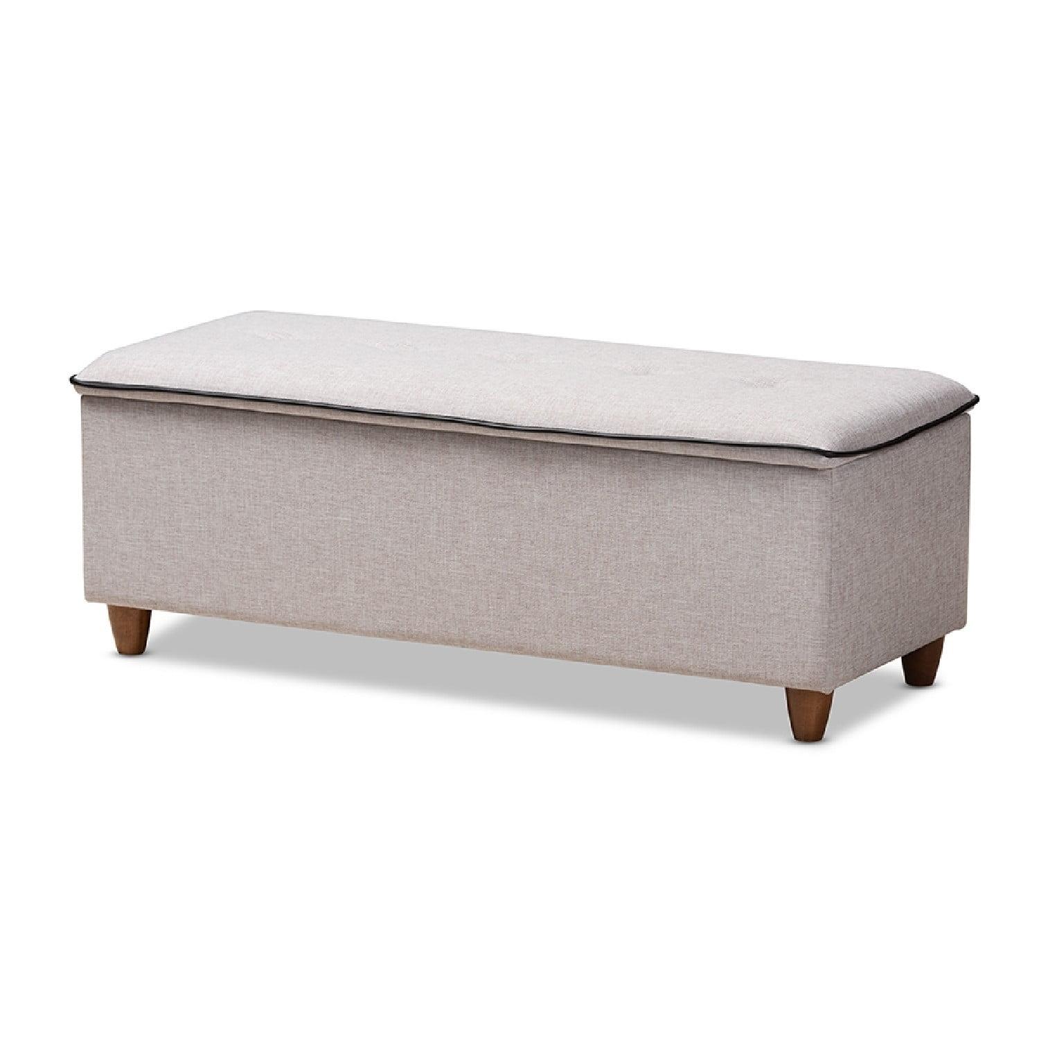 Marlisa 43" Grayish Beige Fabric Upholstered Storage Ottoman with Walnut Finish