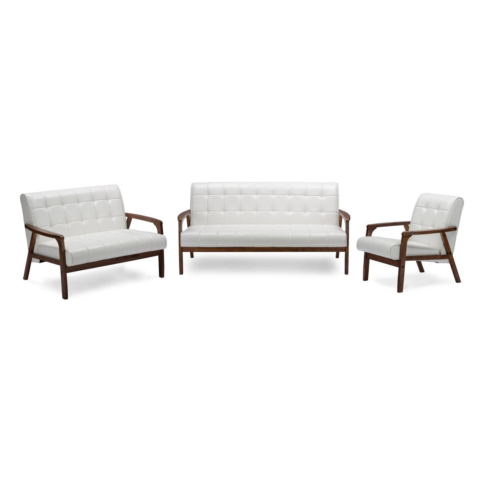 Mid-Century Modern White Faux Leather 3-Piece Sofa Set