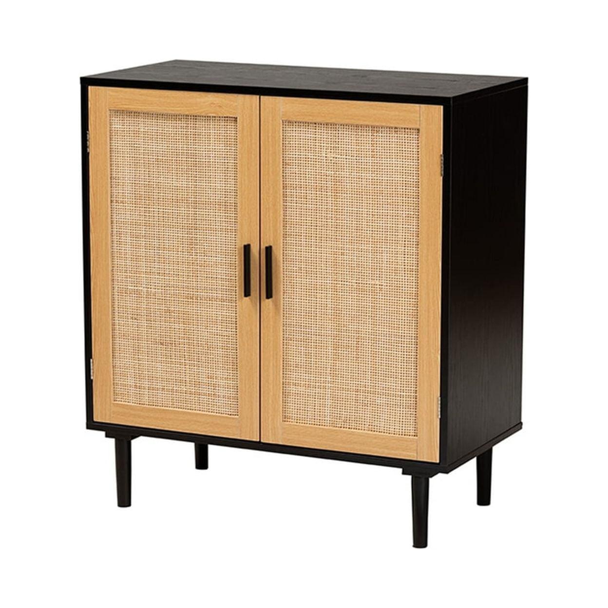 Baxton Studio Maureen Wood and Rattan 2 Door Storage Cabinet Espresso/Natural Brown : Bohemian Style, Particle Board Frame, 2 Shelves